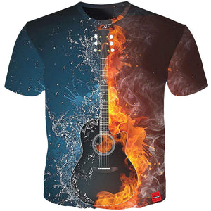 3D Fire and Ice Print Guitar Print Heavy Music Band Black/White T-Shirts