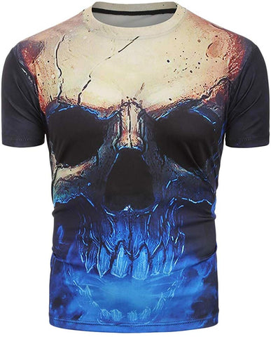 3D Skull Print Short Sleeves Blue T-Shirts