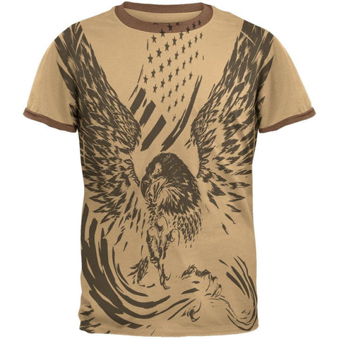 4th of July Screaming Eagle American Flag Mens Ringer Brown T-Shirts