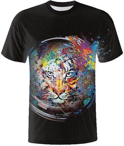 Animal 3D Lion Print for Men's Summer Short-Sleeved Round Neck Top Black T-Shirts