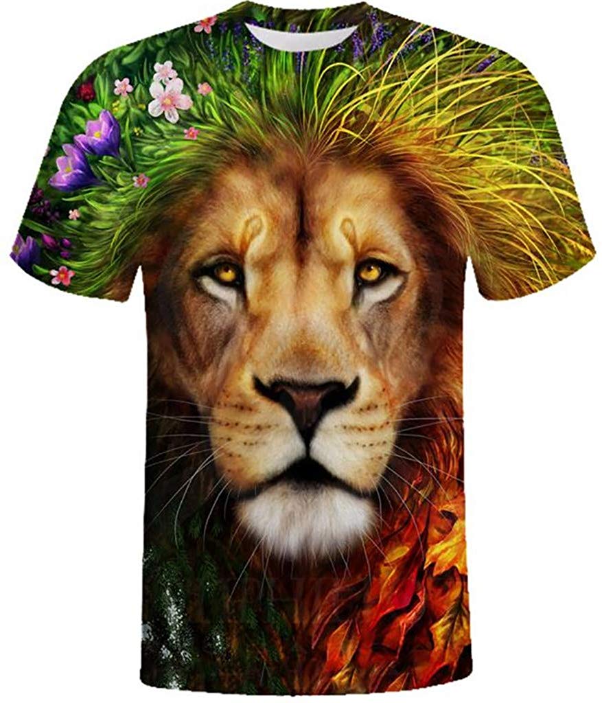 Animal 3D Lion Print for Men's Summer Short-Sleeved Round Neck Top Green T-Shirts