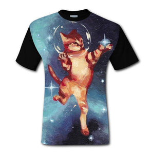 Animal Space cat Short Sleeve Crew Neck for Mens Black T-Shirts