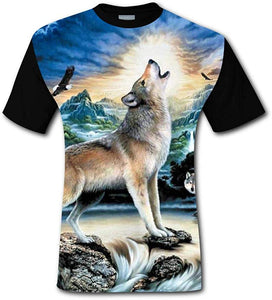 Animal Theme Wolf Short Sleeve Crew Neck for Mens Black T-Shirts