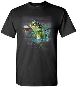 BASS Wilderness Fishing Fisherman Lake-Mens Cotton Black T-Shirts