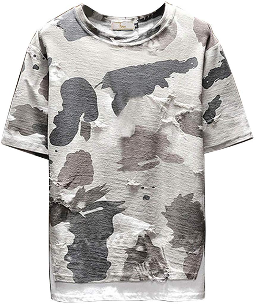 Big Men's Camouflage PrintedO-Collar Short Sleeve Splice Tops Gray T-Shirts