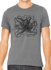 Big Octopus Cotton Crewneck Unisex Gray T-Shirts