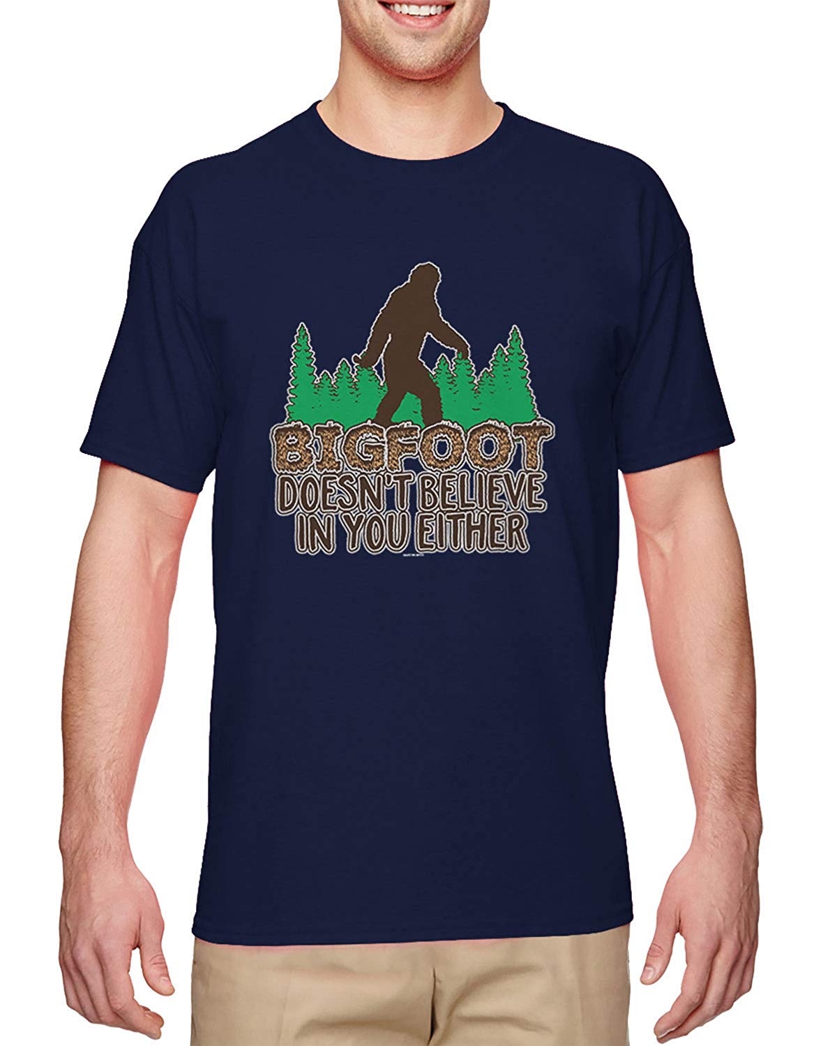 Bigfoot Doesn't Believe in You Either-Funny Men's Navy T-Shirts