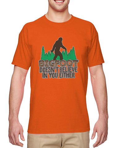 Bigfoot Doesn't Believe in You Either-Funny Men's Orange T-Shirts