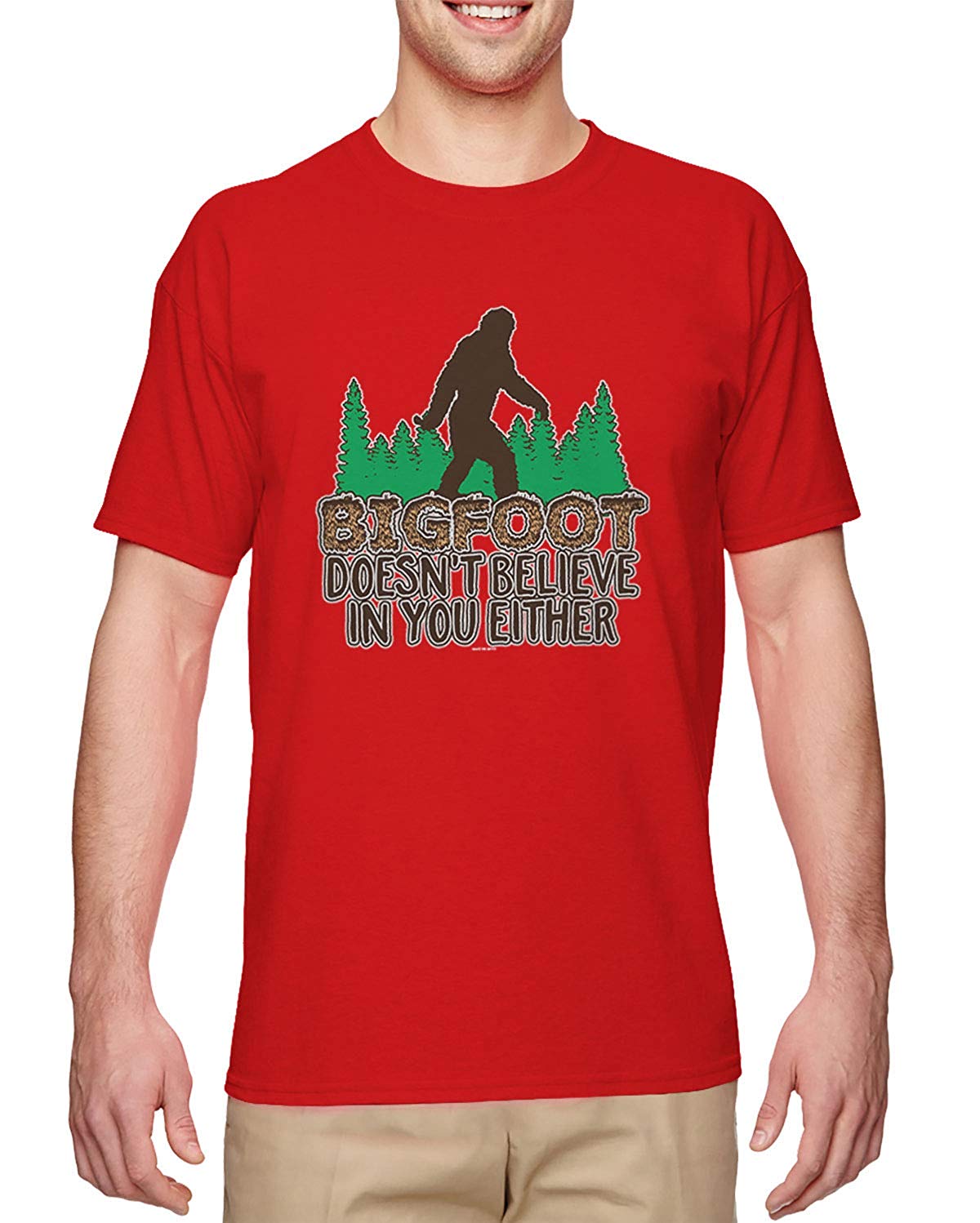 Bigfoot Doesn't Believe in You Either-Funny Men's Red T-Shirts