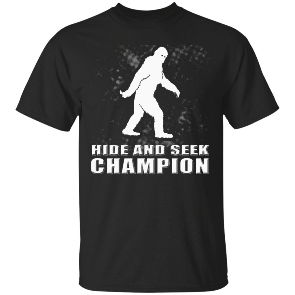 Bigfoot Sasquatch Hide and Seek Champion Funny Black T-Shirts