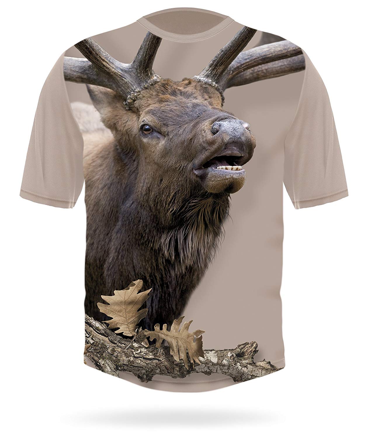 Bugling Bull Elk Short Sleeve-Rocky Mountain Elk -Mens Hunting Beige T-Shirts