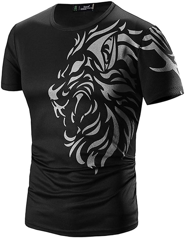 Casual Crew Neck Short Sleeve Lion Tattoo Printed Quick Dry Athletic Black T-Shirts