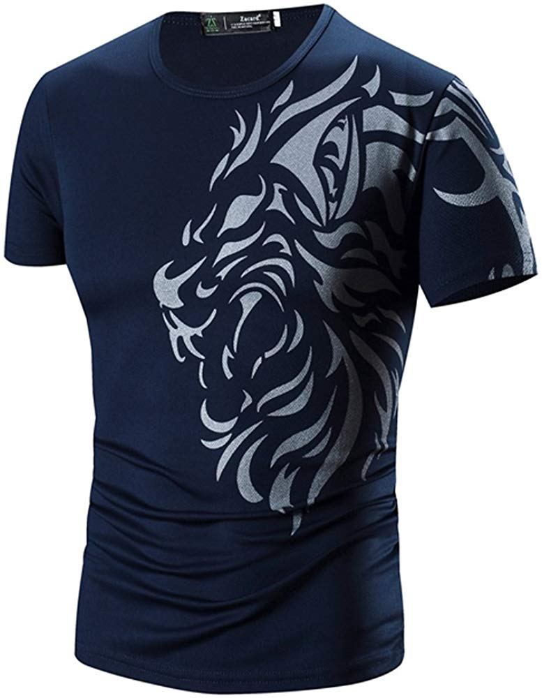 Casual Crew Neck Short Sleeve Lion Tattoo Printed Quick Dry Athletic Navy T-Shirts