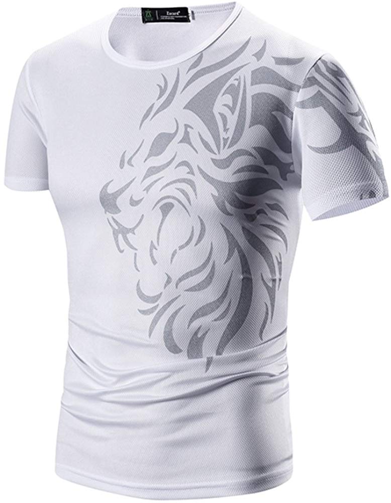 Casual Crew Neck Short Sleeve Lion Tattoo Printed Quick Dry Athletic White T-Shirts