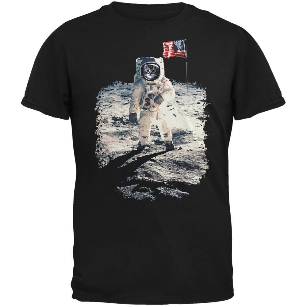 Cat Moon Landing Adult Black T-Shirts