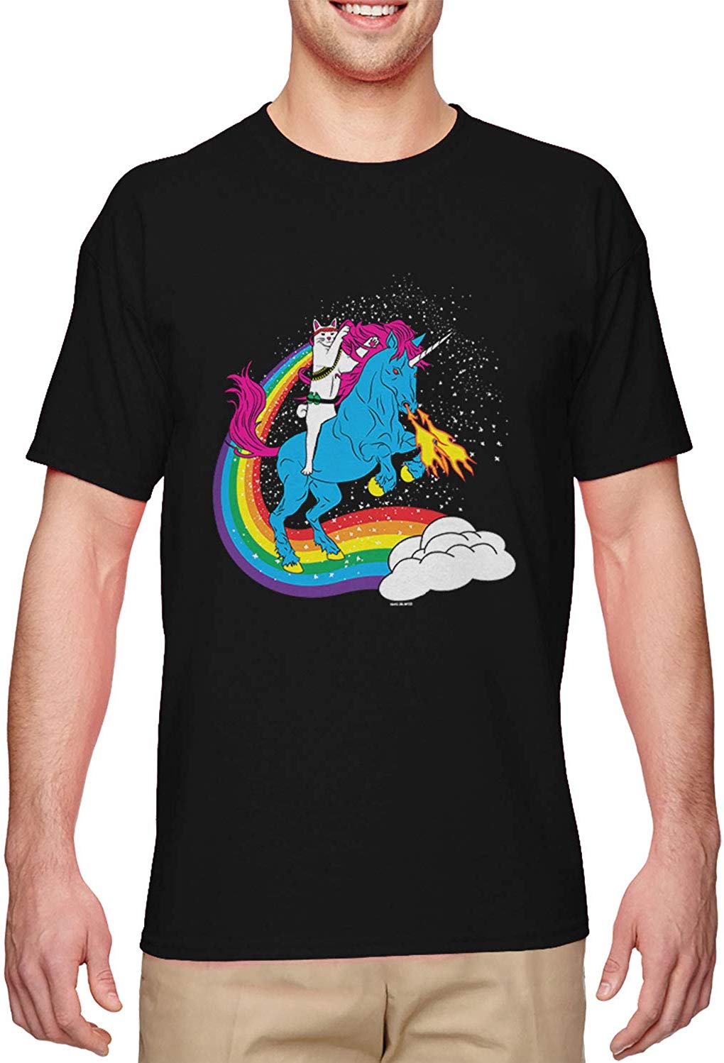 Cat Riding Unicorn-Rainbow Funny Magical Men's Black T-Shirts