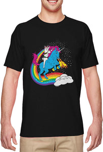 Cat Riding Unicorn-Rainbow Funny Magical Men's Black T-Shirts