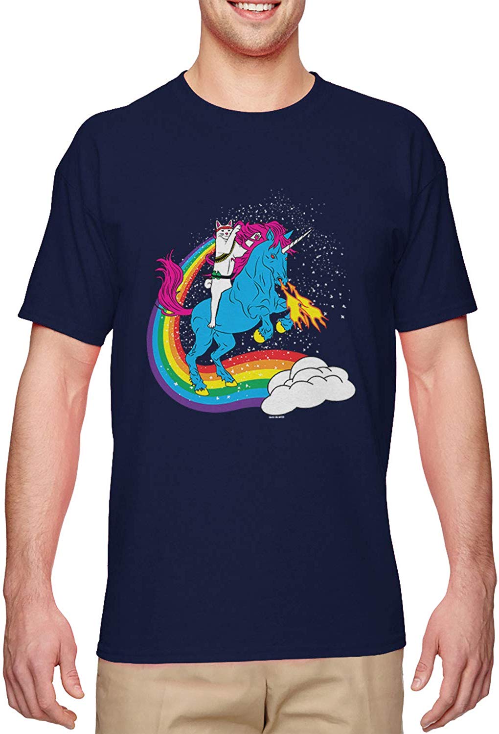 Cat Riding Unicorn-Rainbow Funny Magical Men's Navy T-Shirts