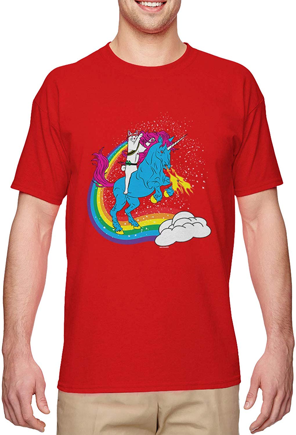 Cat Riding Unicorn-Rainbow Funny Magical Men's Red T-Shirts