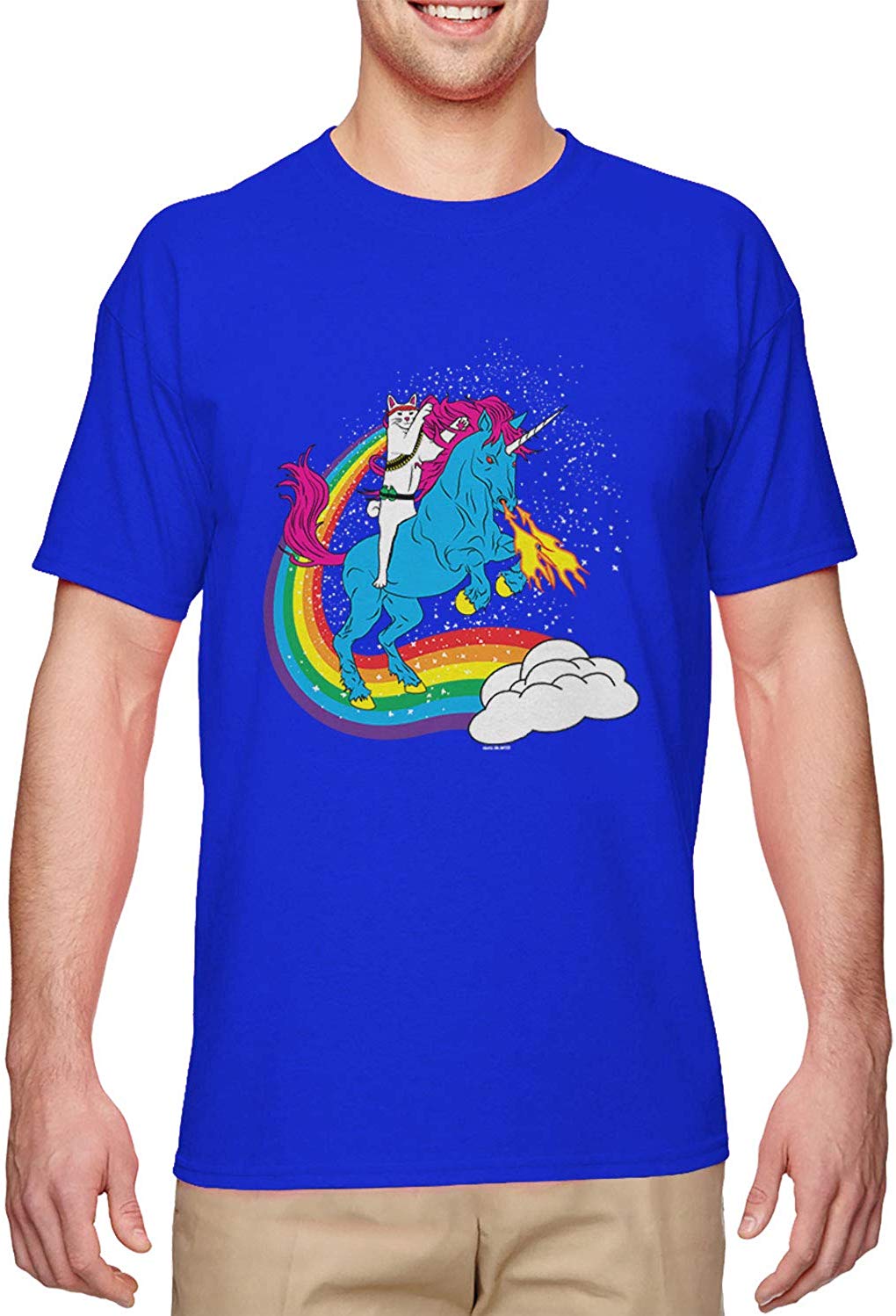 Cat Riding Unicorn-Rainbow Funny Magical Men's Royal T-Shirts