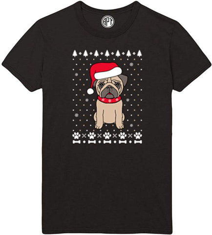 Christmas Pug Holiday Printed Black T-Shirts