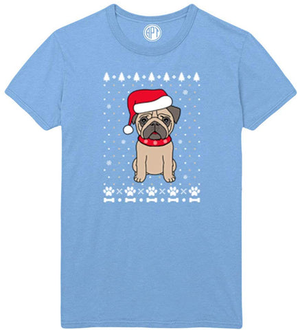 Christmas Pug Holiday Printed Blue T-Shirts