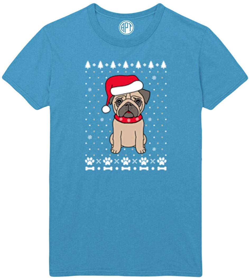 Christmas Pug Holiday Printed Blue T-Shirts