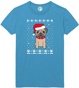 Christmas Pug Holiday Printed Blue T-Shirts