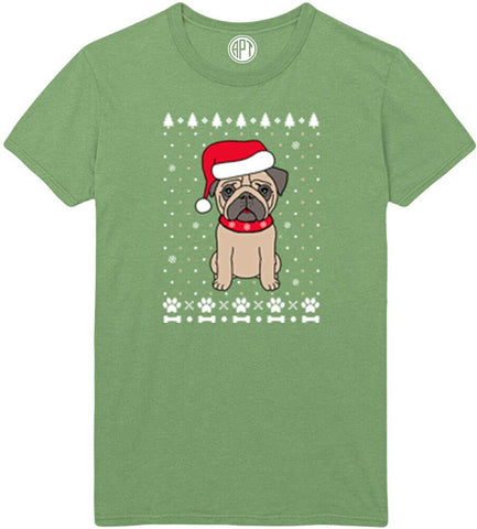 Christmas Pug Holiday Printed Green T-Shirts