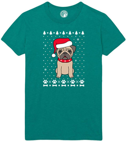 Christmas Pug Holiday Printed Green T-Shirts