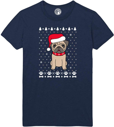 Christmas Pug Holiday Printed Navy T-Shirts