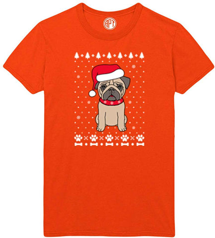 Christmas Pug Holiday Printed Orange T-Shirts