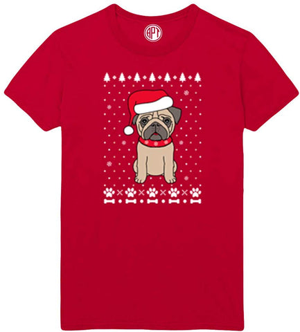 Christmas Pug Holiday Printed Red T-Shirts