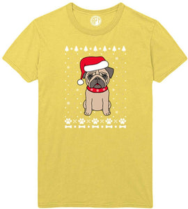 Christmas Pug Holiday Printed Yellow T-Shirts