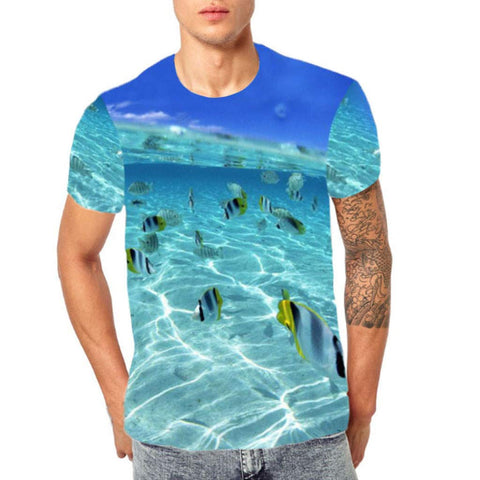 Colmkley Men 3D Animal Ocean Print Short Sleeve Fashion Casual Tops Blue T-Shirts