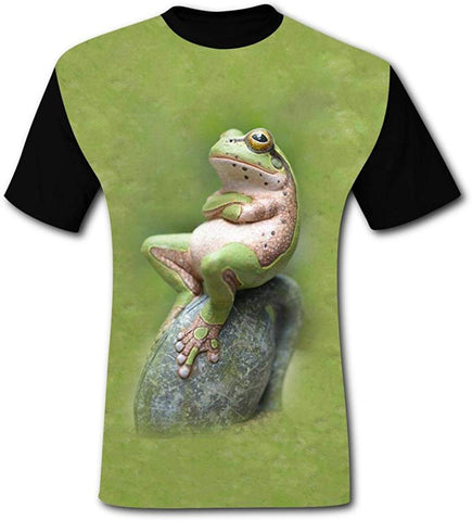 Crew Neck Short Sleeve Top for Men,Print A Frog Sitting with Hands Black T-Shirts