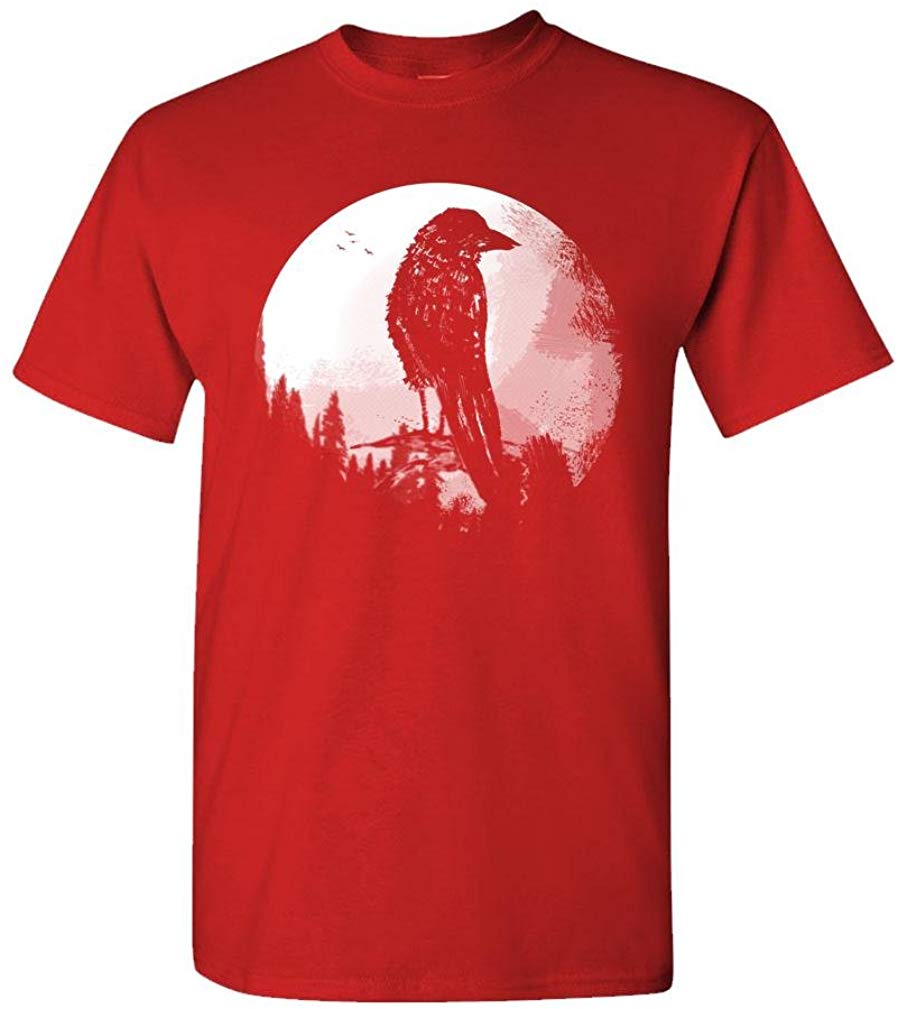 Crow Silhouette-Raven Night Goth Dark-Mens Cotton Red T-Shirts