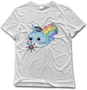 Cute Kawaii Captain Narwhal with Rainbow Mens Cozy Short Sleeve Casual Top White T-Shirts