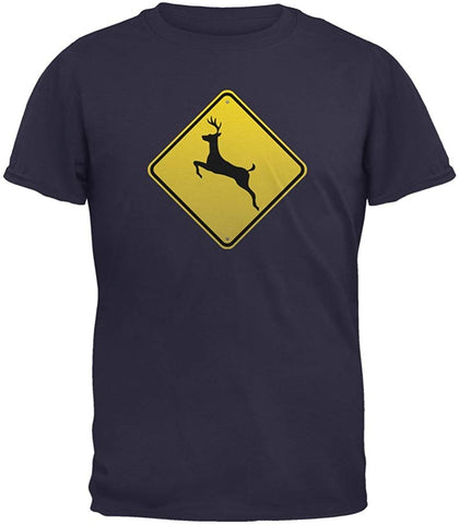 Deer Crossing Sign Adult Navy T-Shirts