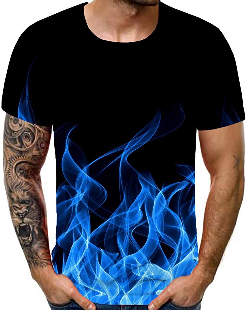 Fashion Flame Printed Short Sleeve Round Neck Blue T-Shirts