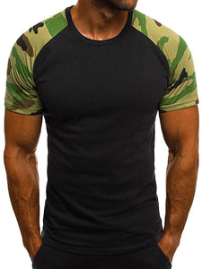 Fashion Men's Casual Slim Camouflage Printed Patchwork Short Sleeve Top Black T-Shirts