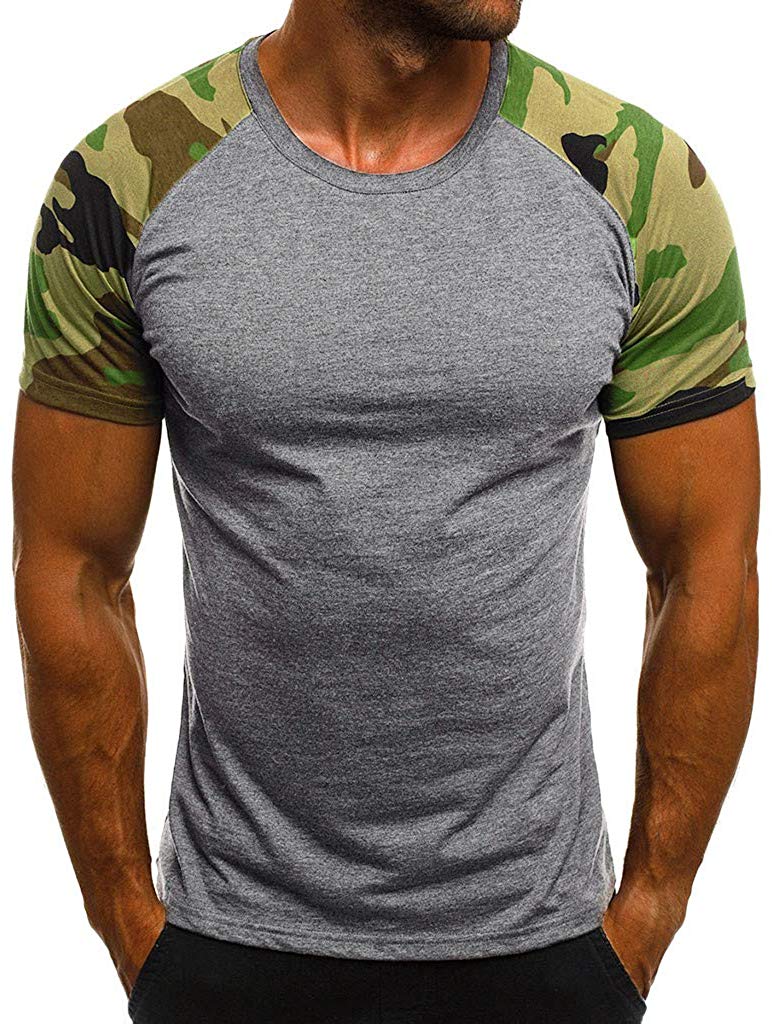 Fashion Men's Casual Slim Camouflage Printed Patchwork Short Sleeve Top Gray T-Shirts