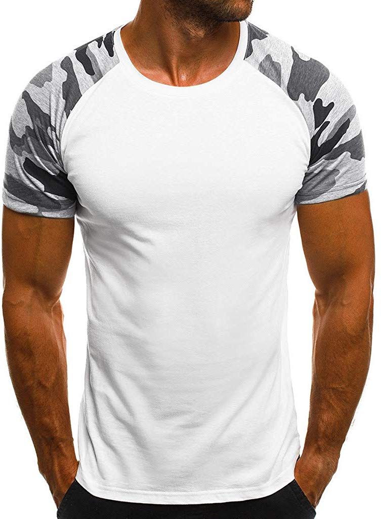 Fashion Men's Casual Slim Camouflage Printed Patchwork Short Sleeve Top White T-Shirts