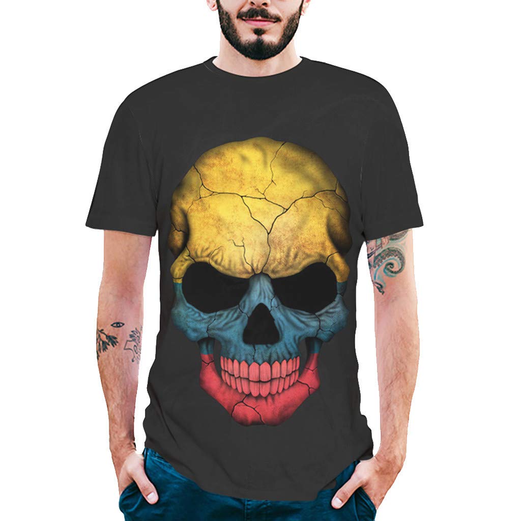 Fashion Mens Cool 3D Skull American Flag Printing Short Sleeve Tops Black T-Shirts