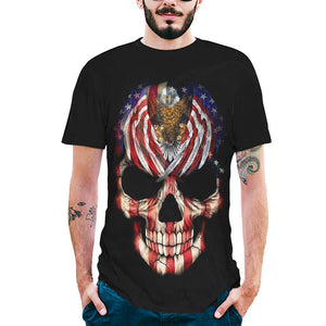 Fashion Mens Cool 3D Skull American Flag Printing Short Sleeve Tops Black T-Shirts