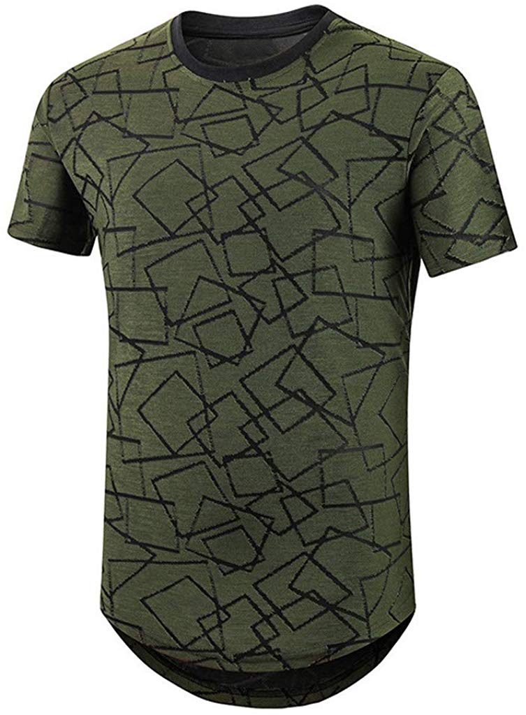 Fastbot Men's Top Summer New Geometric Pattern Print Short Sleeve Breathable Quick-Drying Top Green T-Shirts