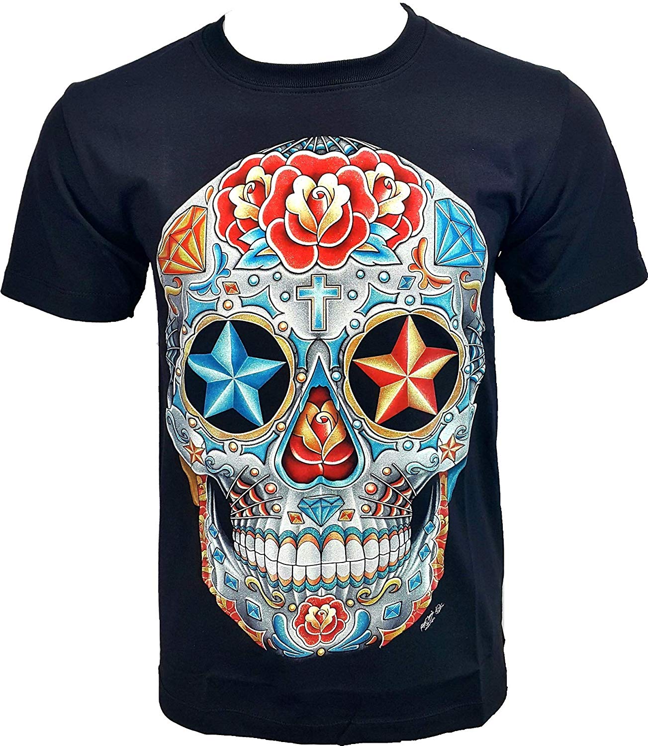 Flower Power Skull Men's Glow in The Dark Black T-Shirts