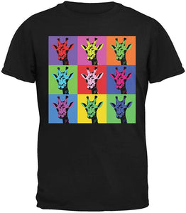 Giraffes Pop Art Repeating Squares Adult Black T-Shirts