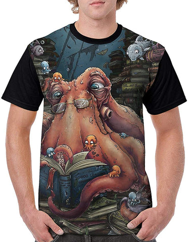 Grandpa Octopus Mens 3D Print Short Sleeve Graphic Summer Black T-Shirts