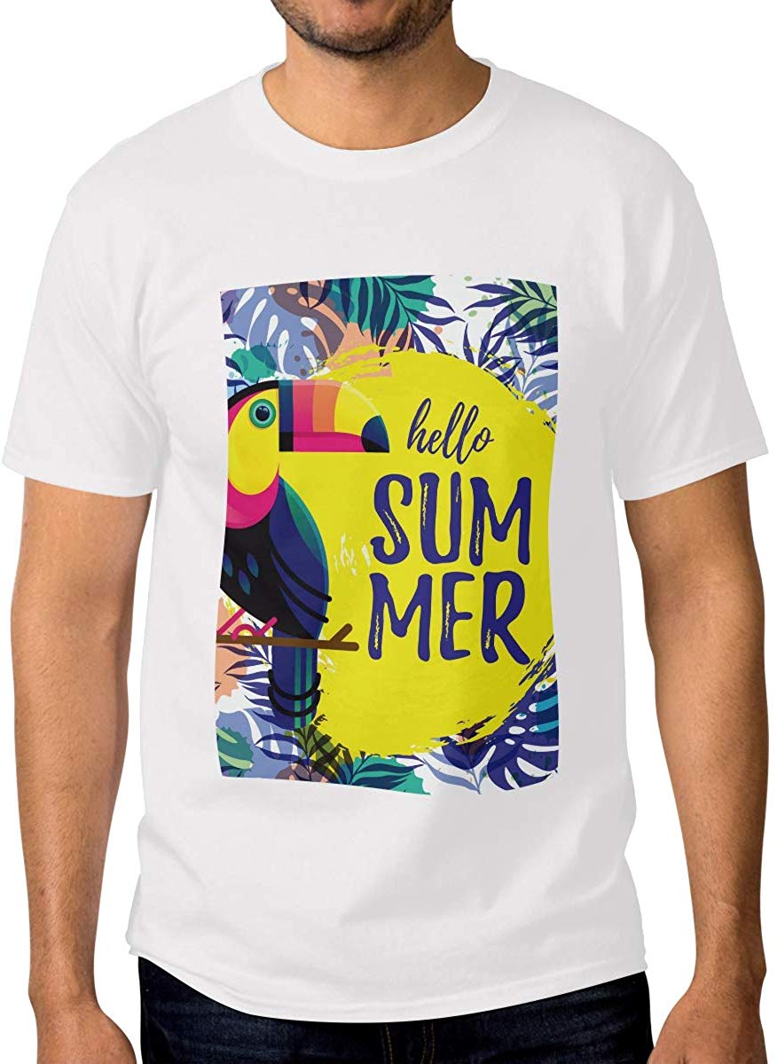 Hello Summer Parrot 100% Cotton Men's Short Sleeve White T-Shirts